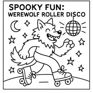 Página para colorear de un hombre lobo patinando en una pista de roller disco bajo luces y bola de espejos