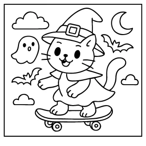 Página para colorear de un gato bruja en patineta, ideal para imprimir y colorear en Halloween