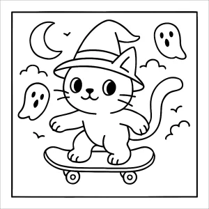 página para colorear de un gato bruja montando una patineta en una escena espeluznante