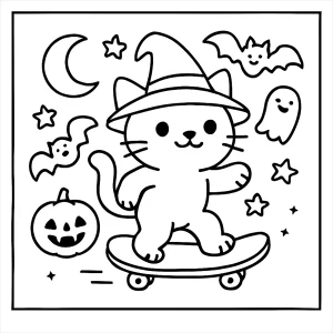 Página para colorear de un gato disfrazado de bruja montando una patineta, ideal para imprimir y colorear en Halloween