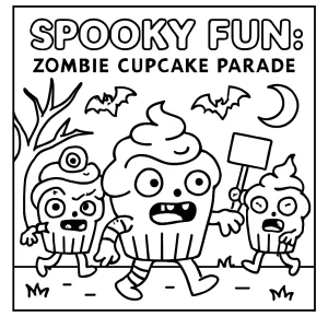 Página para colorear de un desfile de cupcakes zombis divertida y espeluznante para niños
