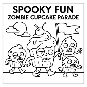 página para colorear de un desfile de cupcakes zombis, ideal para imprimir y colorear en Halloween