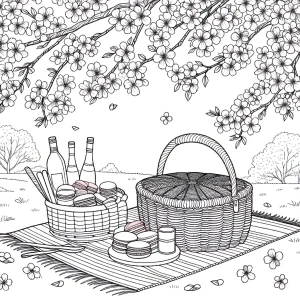 página para colorear de picnic de primavera con macarons pastel y cerezos en flor