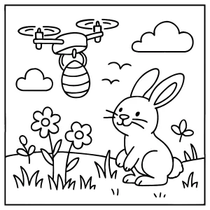 Página para colorear de un conejito usando un dron para repartir huevos de Pascua en un paisaje de primavera