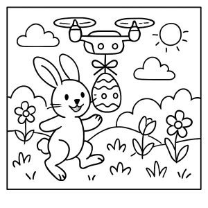 Página para colorear de un conejo y dron entregando huevos en una escena de primavera