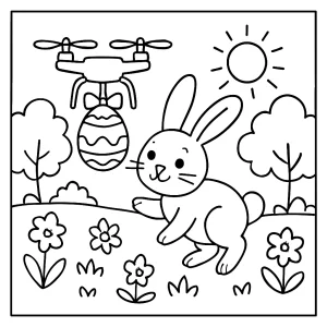Página para colorear de un conejito primaveral con dron entregando huevos en un paisaje de flores