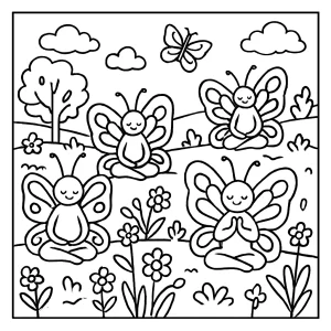 Schmetterlinge beim Yoga im Frühling – Malvorlage zum Ausdrucken, kostenlose coloring page