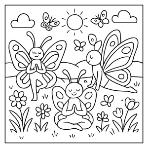 Página para colorear de mariposas haciendo yoga en un campo primaveral, ideal para imprimir y colorear en casa.