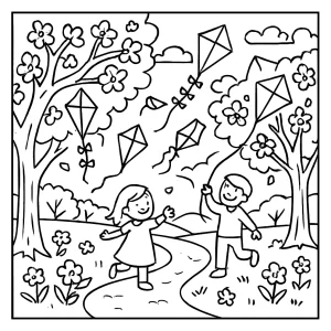 Página para colorear de un festival de cometas con niños y cerezos en flor en primavera