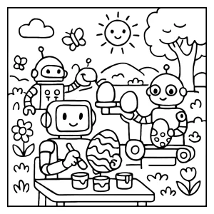 Página para colorear de taller de robots pintando huevos de Pascua en una escena primaveral