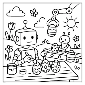 Página para colorear de taller de robots pintando huevos en primavera, ideal para niños