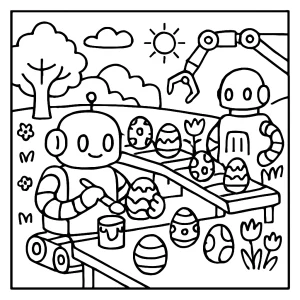 Página para colorear de un taller robótico de huevos de primavera con robots pintando y decorando huevos.