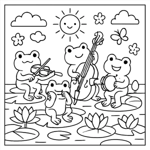 Página para colorear de una orquesta de ranas en un estanque de lotos primaveral
