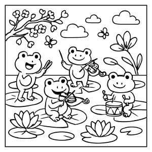Página para colorear de orquesta de ranas en un estanque de loto durante la primavera