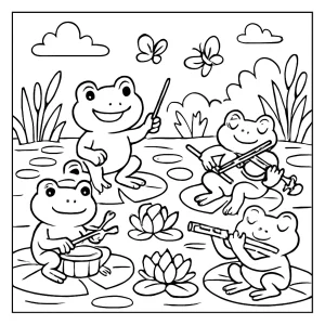 Orquesta de ranas en estanque de lotos, página para colorear para imprimir y pintar gratis
