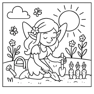 Página para colorear de hada jardinera plantando zanahorias en primavera para imprimir y colorear gratis