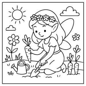 Página para colorear de hada jardinera plantando zanahorias en un huerto de primavera