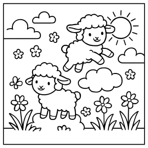 página para colorear de escena primaveral con corderos saltando entre nubes