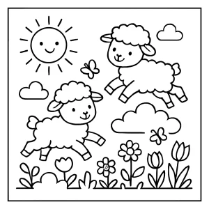Página para colorear de corderitos saltando entre nubes de primavera para imprimir gratis