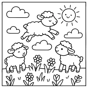 Página para colorear de corderitos saltando entre nubes en una escena primaveral