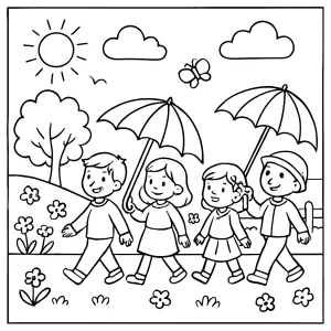 página para colorear de un desfile de paraguas arcoíris en primavera con niños y flores