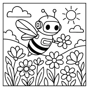 Página para colorear de abeja robot polinizando flores en un campo primaveral