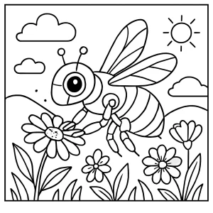 Página para colorear de abeja robot polinizando flores en un campo primaveral
