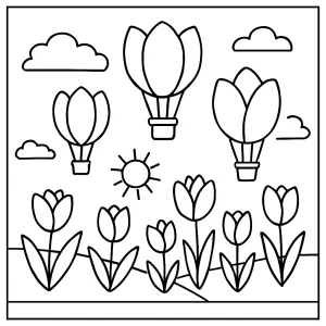 Página para colorear de globos de tulipán en un paisaje primaveral, imprimible gratis para niños y familias