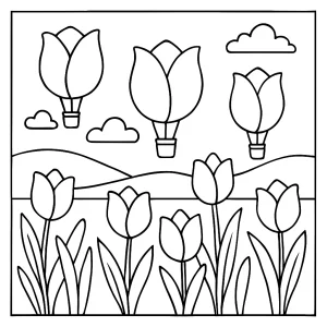 Página para colorear de globos aerostáticos de tulipanes en una escena de primavera para imprimir y colorear gratis