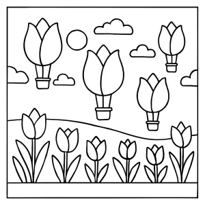 Página para colorear de escena primaveral con globos aerostáticos con forma de tulipán flotando sobre un campo de flores