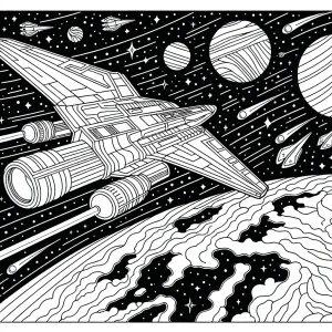 Página para colorear de una nave espacial futurista sobre la Tierra, ideal para niños y niñas