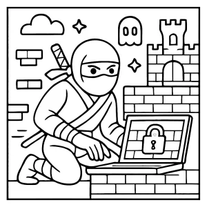 Page de coloriage gratuite : ninja codeur furtif piratant une forteresse digitale dans un monde arcade rétro