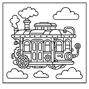 Steampunková vznášajúca sa električka omalovánka - coloring page na vytlačenie zdarma