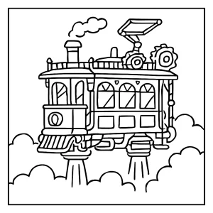 page de coloriage de tramway steampunk à lévitation avec engrenages et détails mécaniques, à imprimer gratuitement
