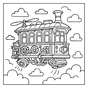 Página para colorear de tranvía steampunk flotante con detalles mecánicos y engranajes