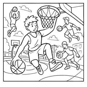 page de coloriage représentant une scène de street basketball avec trick shots et vue fisheye
