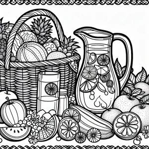 Página para colorear de picnic de verano con frutas frescas y jarra de limonada en un día soleado