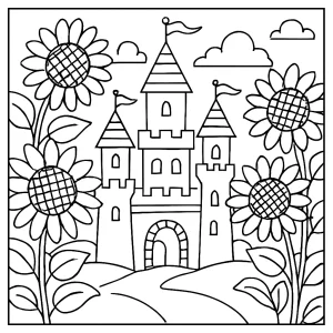 Página para colorear de un castillo gigante de girasoles en un reino encantado, ideal para niños