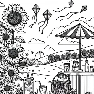 Página para colorear de picnic en campo de girasoles con puesto de limonada y cometas en el cielo