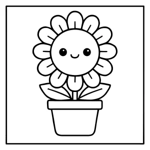 Página para colorear de un girasol kawaii en maceta, ideal para imprimir y pintar