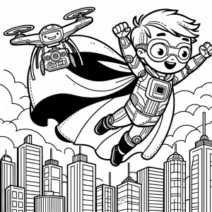 Superhero Kid and Drone Above Skyscrapers. Color a página para colorear