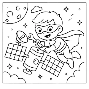 página para colorear de un niño superhéroe reparando un satélite en el espacio