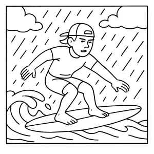 Surfista atleta bajo la lluvia página para colorear gratis para imprimir
