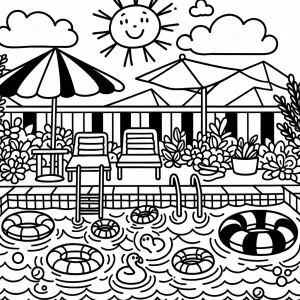 Piscina con flotadores página para colorear gratis, escena veraniega para imprimir y pintar.