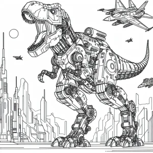 Página para colorear de un T-Rex mech robot junto a una ciudad futurista, lista para imprimir y colorear gratis.