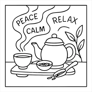 Página para colorear de ceremonia de té con vapor formando mantras calmantes en el aire