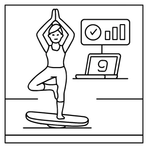 page de coloriage montrant une compétition de yoga sur planches d’équilibre avec affichage des scores numériques