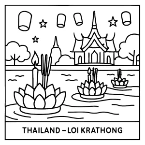 Página para colorear de Loi Krathong en Tailandia con faroles flotando sobre el río