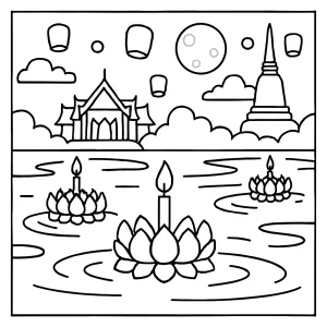 Page de coloriage gratuite représentant Loi Krathong en Thaïlande avec lanternes flottant sur la rivière