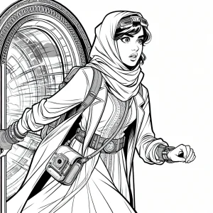 Página para colorear de un explorador del tiempo con reloj gadget saliendo de un portal, lista para imprimir gratis